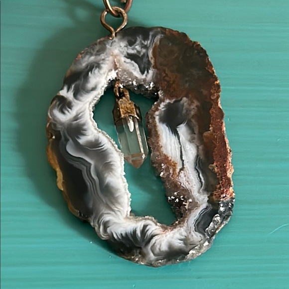 Sliced Orca Agate Geode Gemstone Pendant Necklace on 18” Ball Chain - Picture 5 of 8